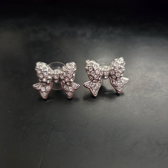 Touchstone Crystal by Swarovski Pave Crystal Bow Earrings Silver Tone Sparkle - Picture 2 of 4